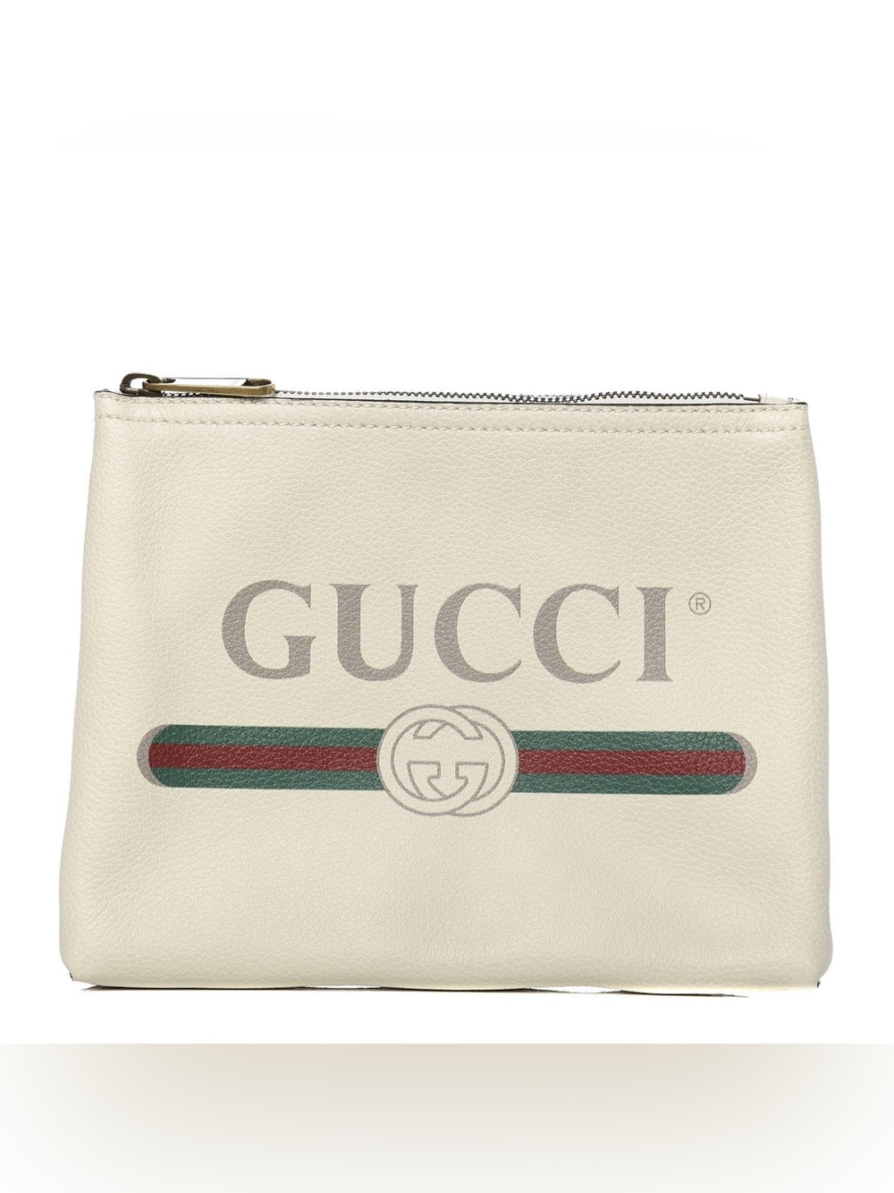 Gucci White Pebbled Calfskin Leather Zip Pouch GoldHardware Logo PortfolioClutch